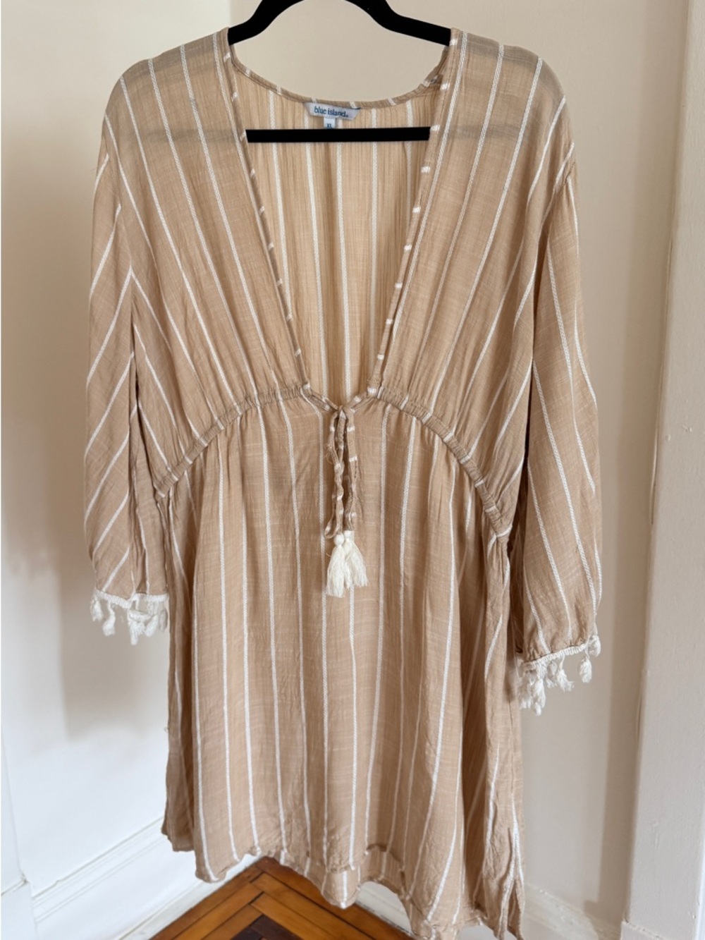 blue island Beige and White Striped Swim Coverup with Tassel Tie